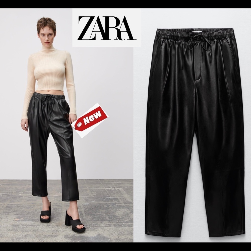 ZARA Black faux leather pleather vegan the weekend joggers pants Sz XS NWT